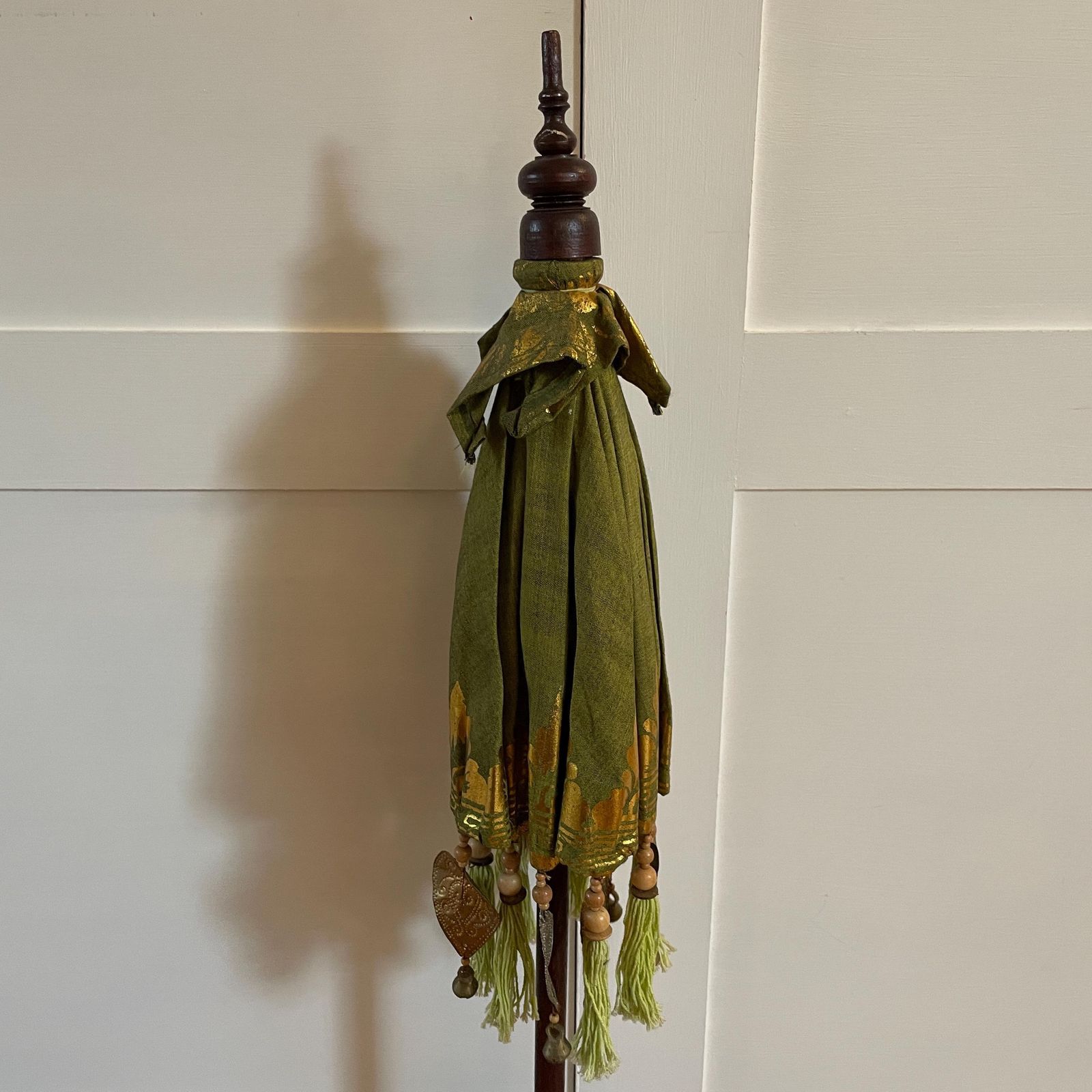 Balinese Green Gold Parasol Umbrella Decorative Tassel Temple Shade Stand Boho Exotic Vintage Decor Handcrafted Bali Art Wooden Base Accent photo Home Decor