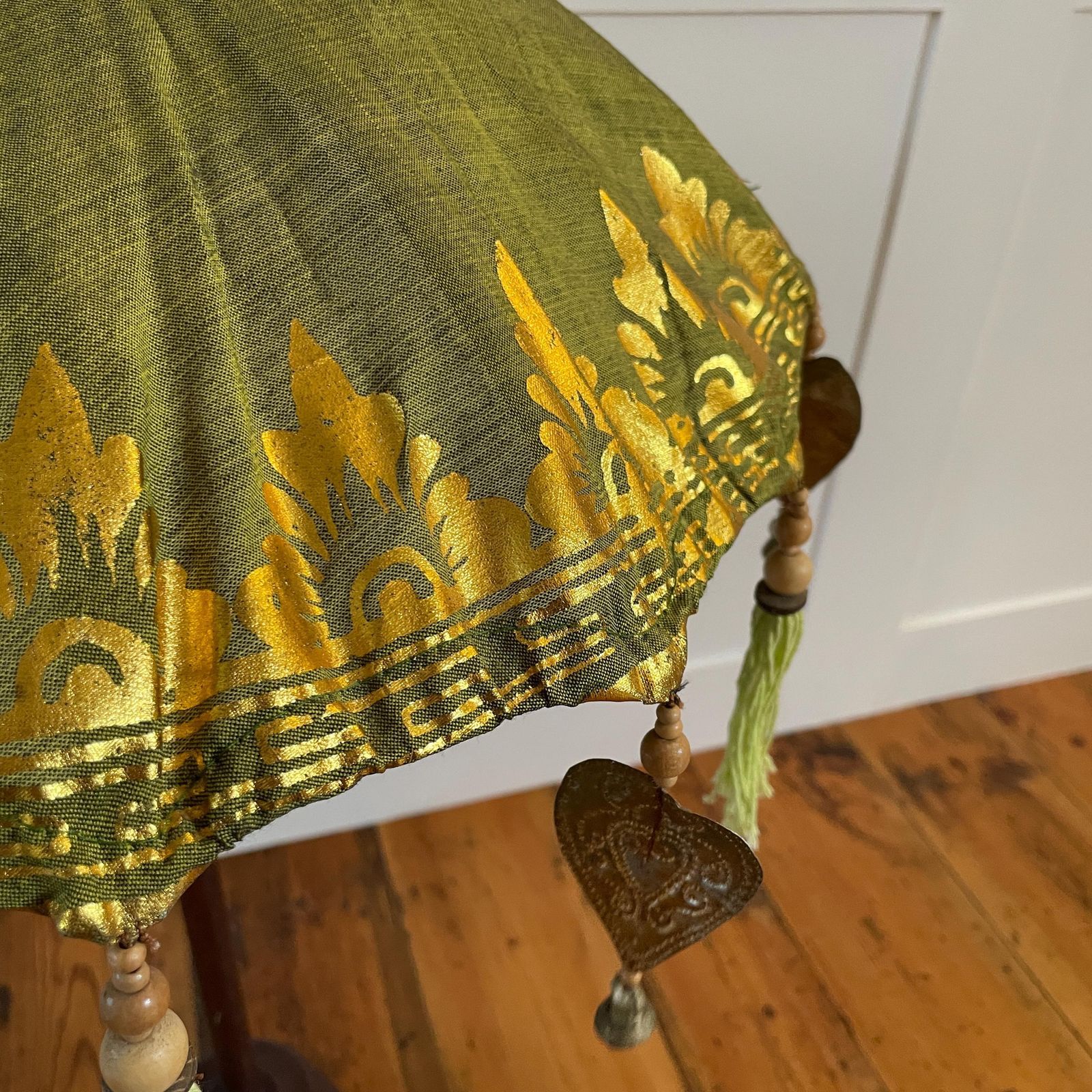 Balinese Green Gold Parasol Umbrella Decorative Tassel Temple Shade Stand Boho Exotic Vintage Decor Handcrafted Bali Art Wooden Base Accent photo buy