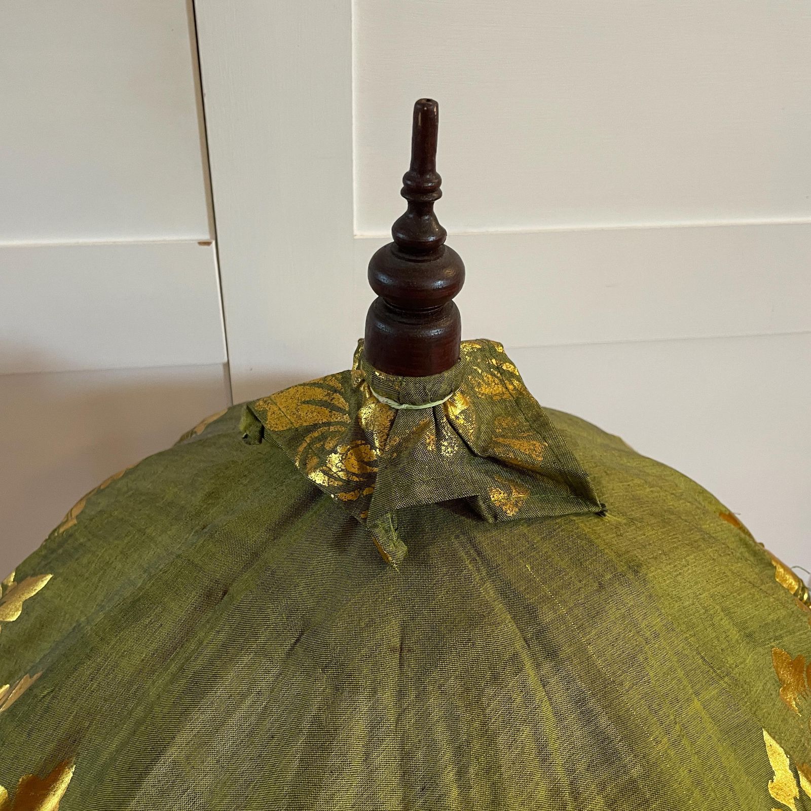 Balinese Green Gold Parasol Umbrella Decorative Tassel Temple Shade Stand Boho Exotic Vintage Decor Handcrafted Bali Art Wooden Base Accent photo vintage