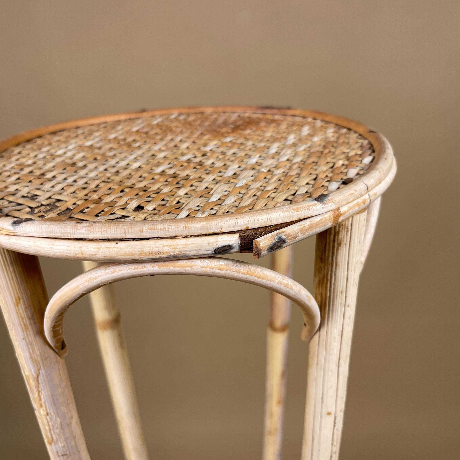 Vintage Bamboo Plant Stand Two Tier Rattan Woven Top Round Display Table Mid Century Natural Boho Accent Stand Indoor Brown photo vinterior