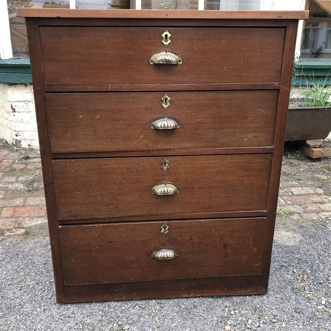 Antique Mahogany Wood Chest Of Four Drawers Brass Cup Handles 1920s photo 325.0
