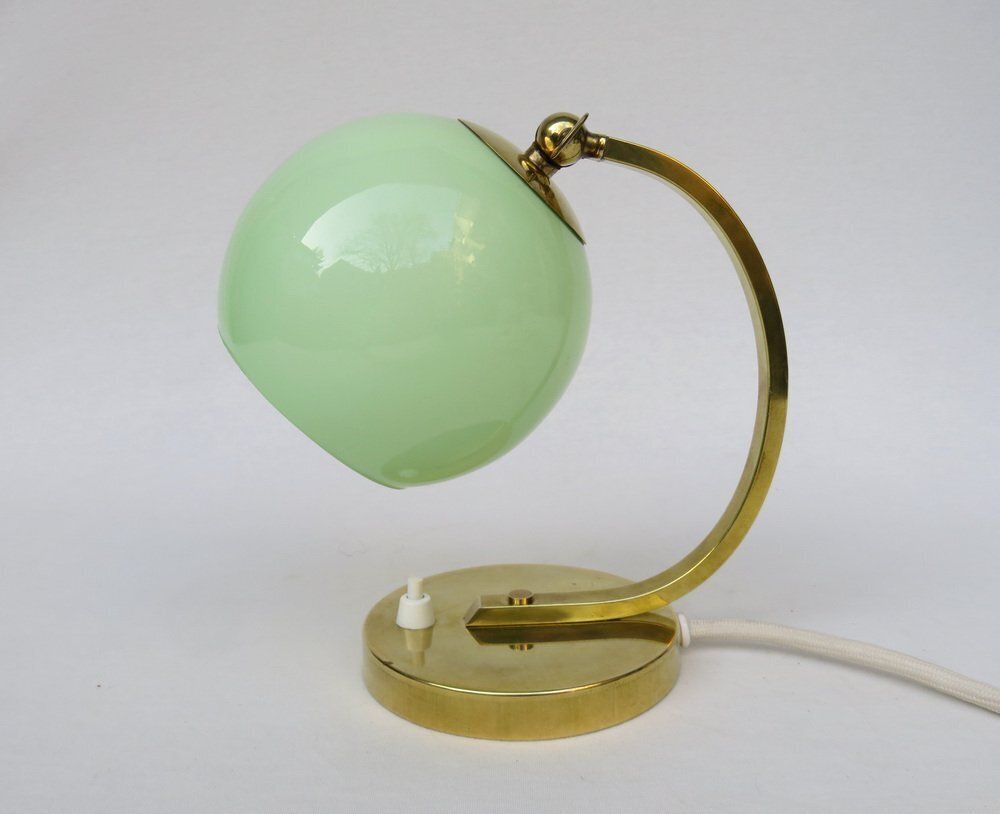 Art Deco Bedside Lamp In Brass With Green Cased Glass Shade, 1920s photo for sale