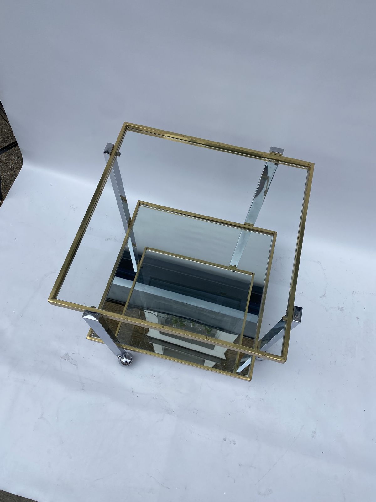 Square Brass Chrome 1970s Bar Cart Drinks Trolley Table Glass Mirror Hollywood Regency Romeo Rega Style Renato Zevi Italian photo 745.0
