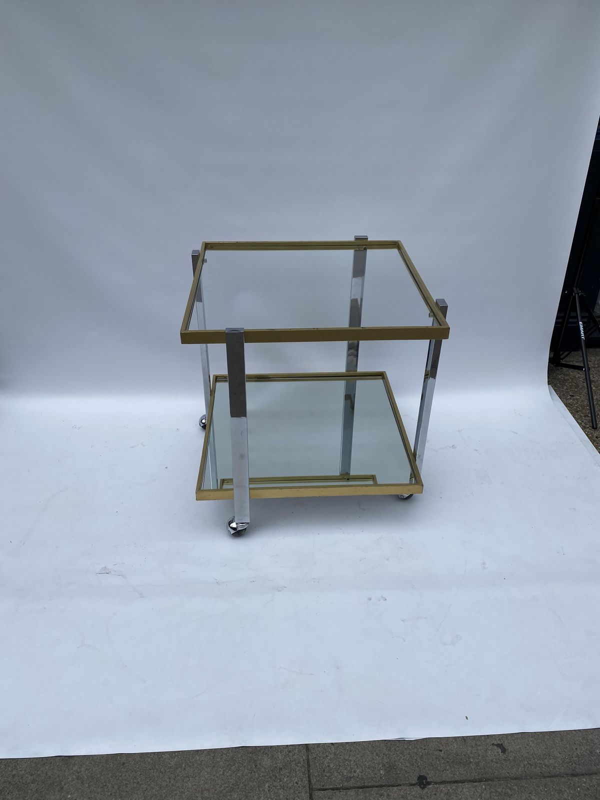 Square Brass Chrome 1970s Bar Cart Drinks Trolley Table Glass Mirror Hollywood Regency Romeo Rega Style Renato Zevi Italian photo vinterior
