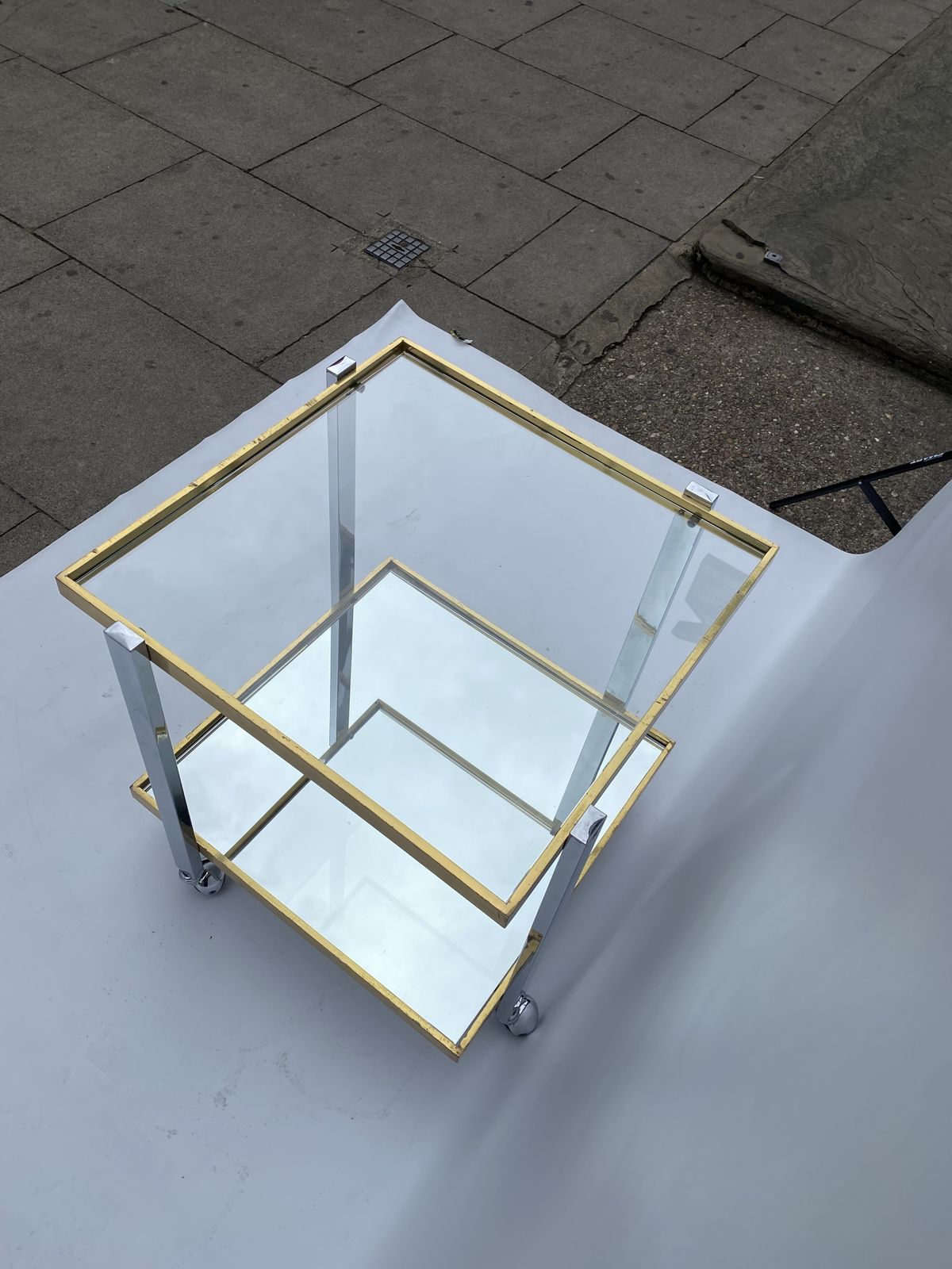 Square Brass Chrome 1970s Bar Cart Drinks Trolley Table Glass Mirror Hollywood Regency Romeo Rega Style Renato Zevi Italian photo vintage