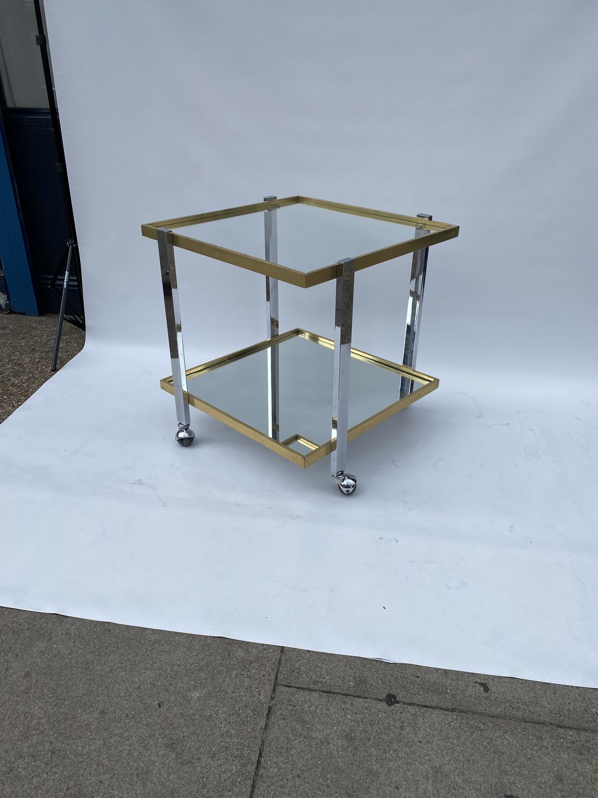 photo buy Square Brass Chrome 1970s Bar Cart Drinks Trolley Table Glass Mirror Hollywood Regency Romeo Rega Style Renato Zevi Italian