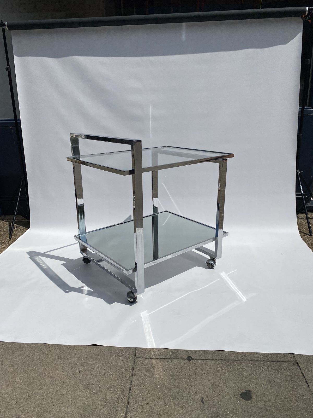 Romeo Rega Chrome 1970s Square Drinks Bar Cart Trolley Table Glass Mirror Hollywood Regency Sofa Display photo vinterior