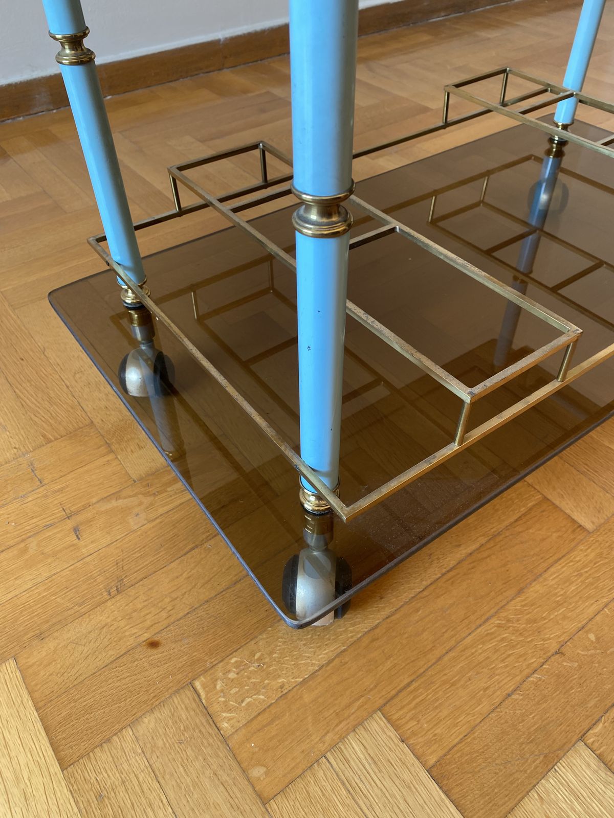 Teal 1960s Bar Cart Drinks Trolley Brass Table Smoked Glass Hollywood Regency Italian Serving photo for sale