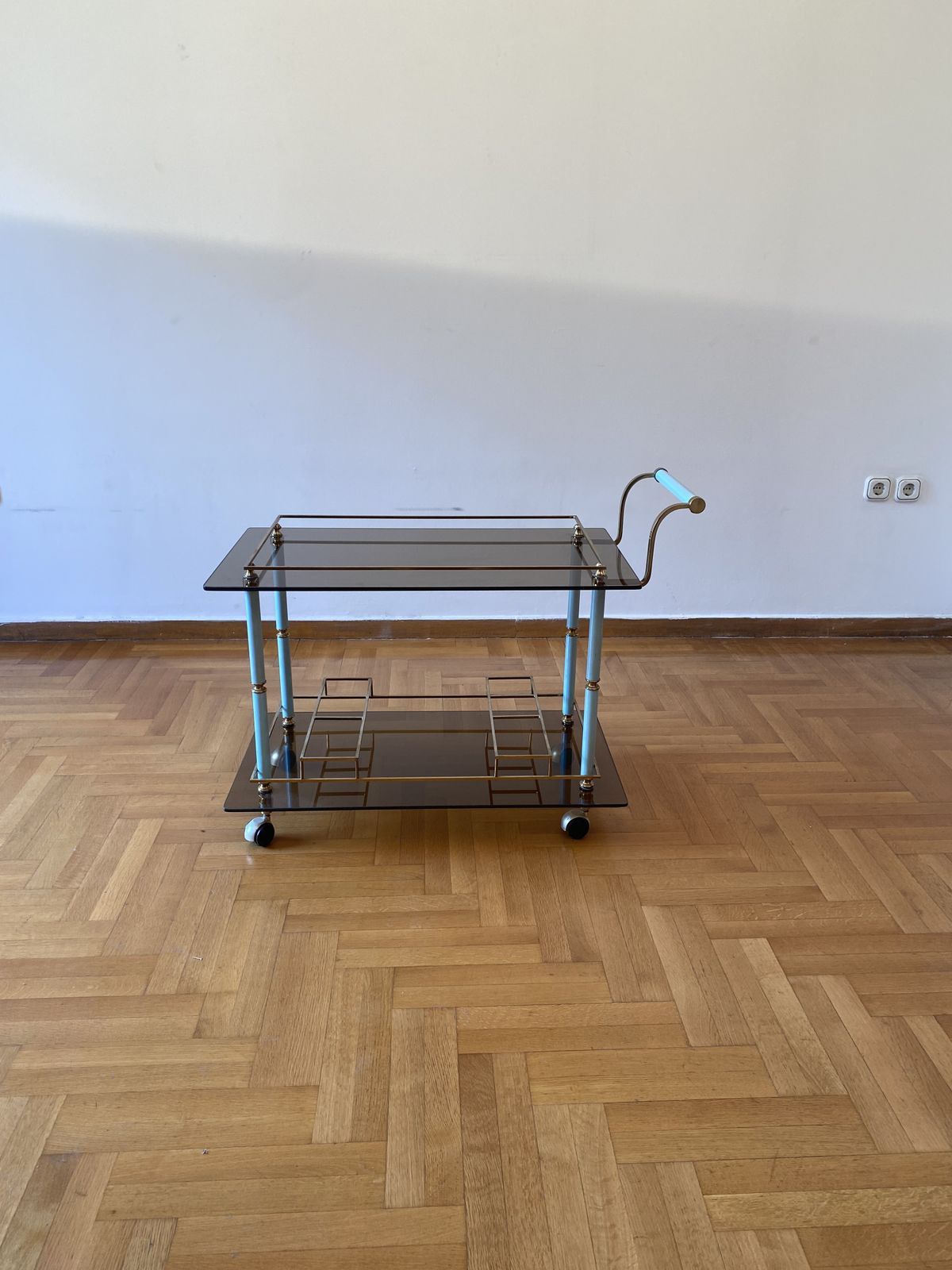Teal 1960s Bar Cart Drinks Trolley Brass Table Smoked Glass Hollywood Regency Italian Serving photo 1950.0