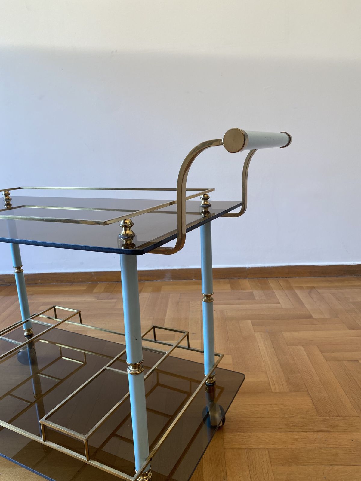 Teal 1960s Bar Cart Drinks Trolley Brass Table Smoked Glass Hollywood Regency Italian Serving photo vintage