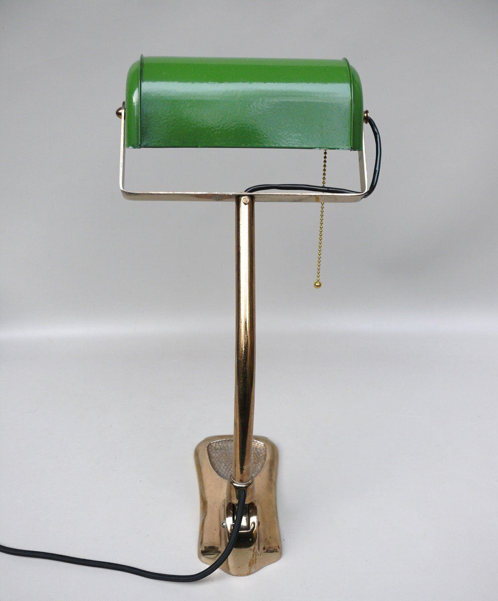 Art Nouveau Brass Plated And Enamel Banker's Lamp, Austria, 1890s photo vinterior