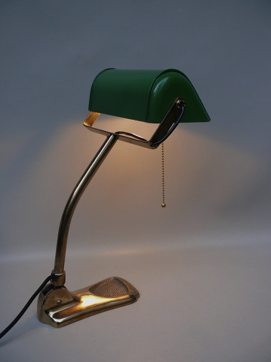 photo for sale Art Nouveau Brass Plated And Enamel Banker's Lamp, Austria, 1890s