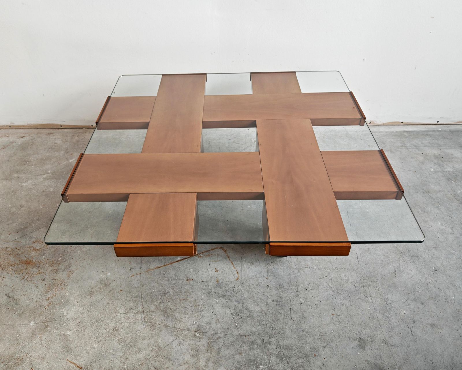Mid Century Modern Coffee Table In Elm Wood With Grid Motif By Marco Zanuso photo buy