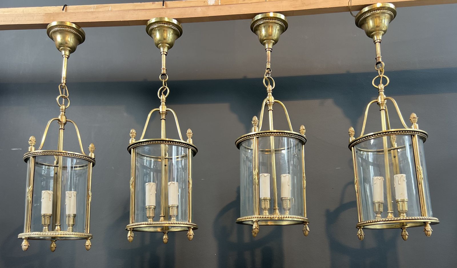 Rare Set Of 4 Round Bronze Lanterns In Neoclassical Style Attributed To Maison Jansen photo vintage