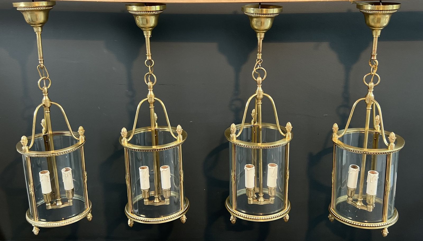 photo for sale Rare Set Of 4 Round Bronze Lanterns In Neoclassical Style Attributed To Maison Jansen