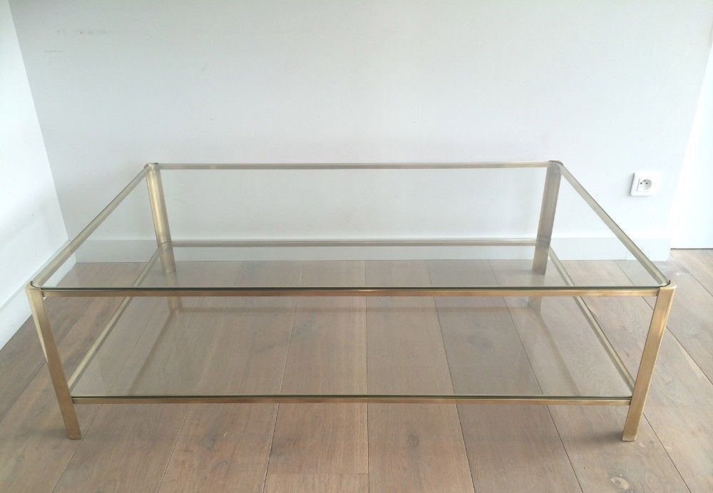 Large Double Top Coffee Table In Polished Bronze And Glass Signed Jacques Théophile Lepelletier And Stamped Broncz photo for sale