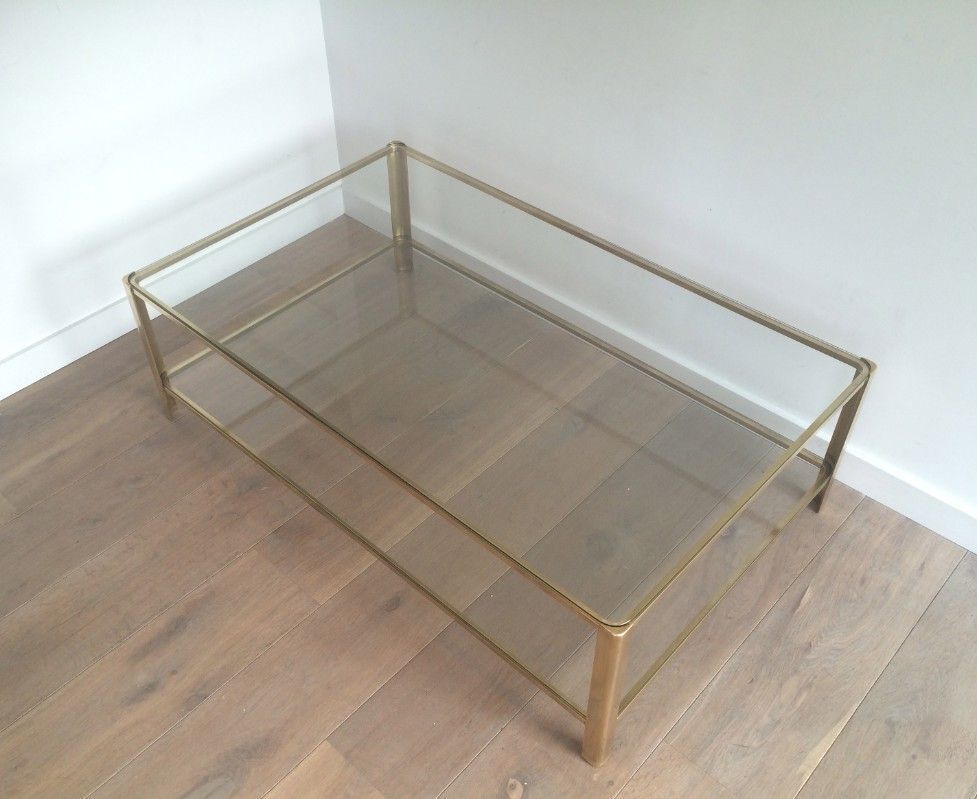 Large Double Top Coffee Table In Polished Bronze And Glass Signed Jacques Théophile Lepelletier And Stamped Broncz photo vintage