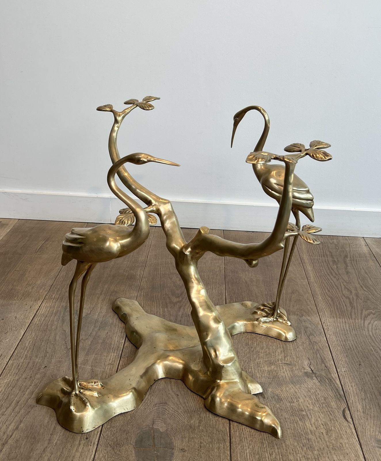 photo buy Willy Daro Brass Crane Model Coffee Table Surrounding A Bonsai Tree With Round Glass Top