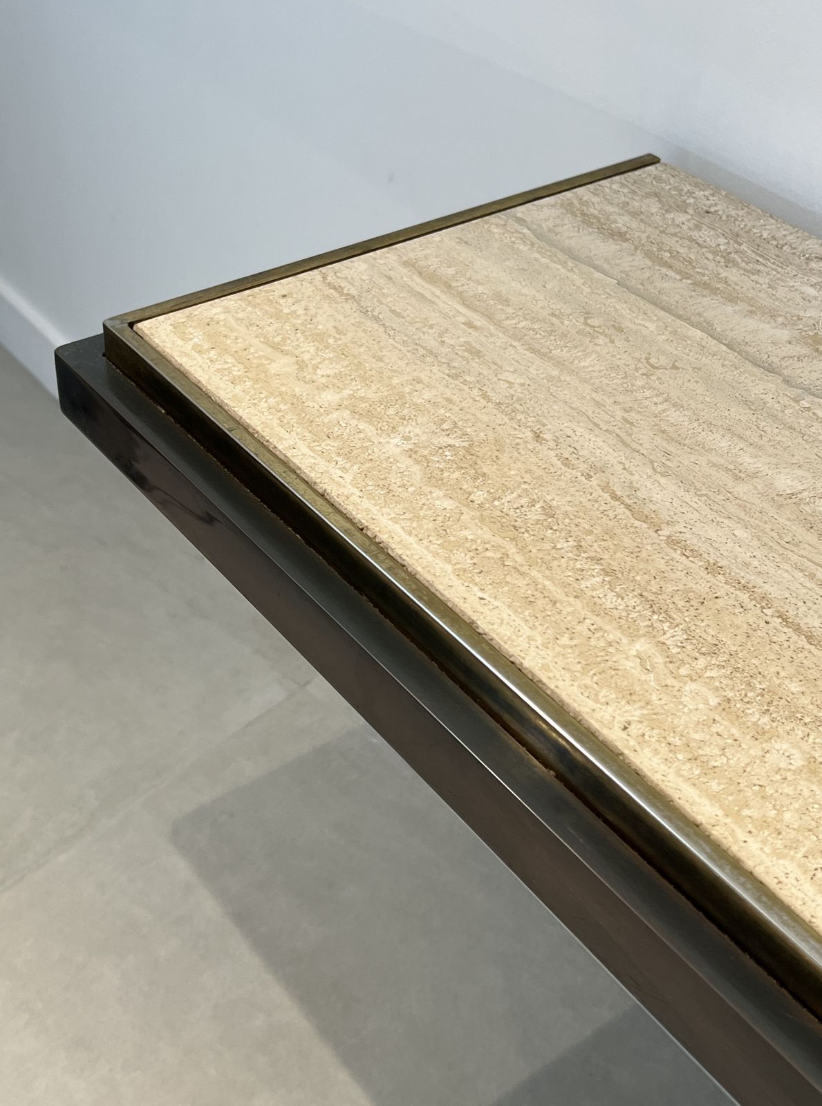photo vinterior Gunmetal Patina Console With Travertine Top. French Work. Circa 1970