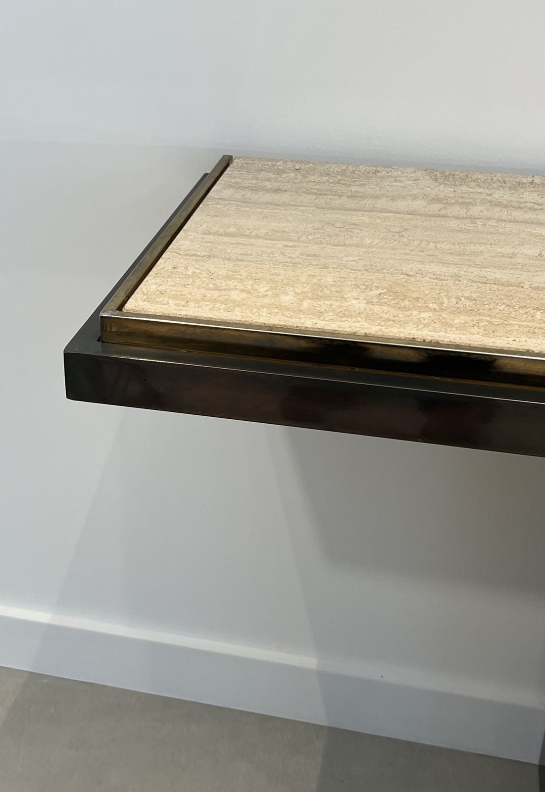 photo buy Gunmetal Patina Console With Travertine Top. French Work. Circa 1970