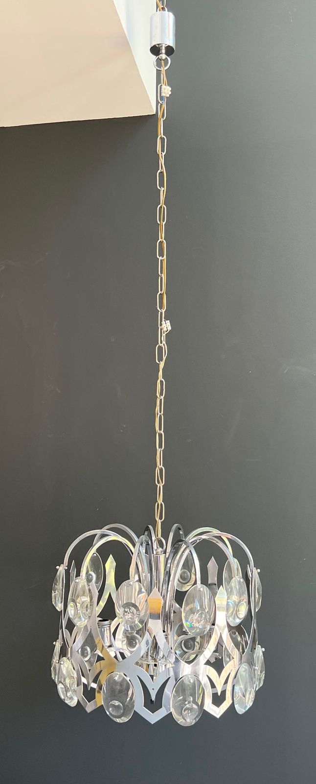 Chrome And Crystal Designer Chandelier By Angelo Gaetano Sciolari. Circa 1970 photo furniture