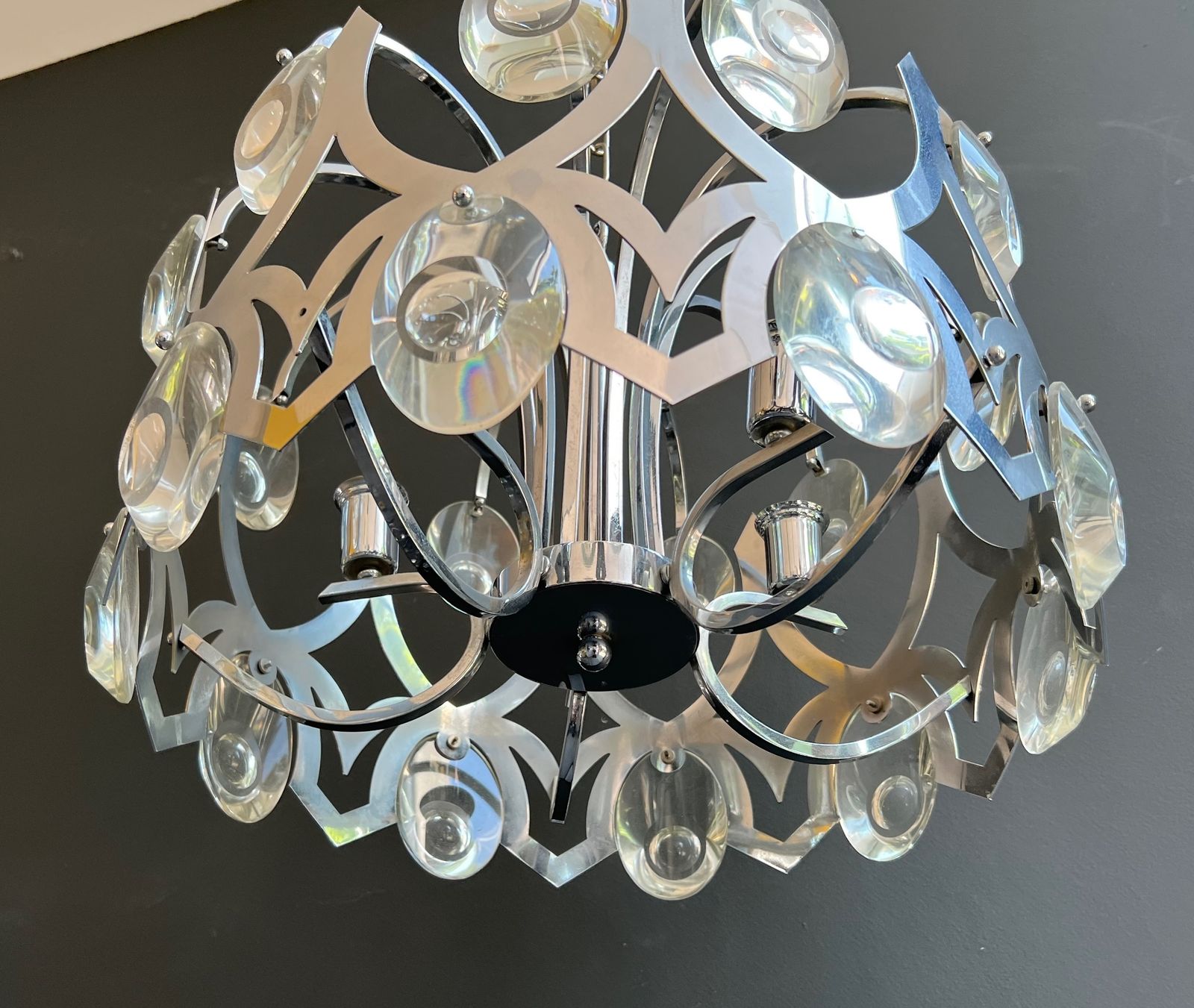 Chrome And Crystal Designer Chandelier By Angelo Gaetano Sciolari. Circa 1970 photo vintage