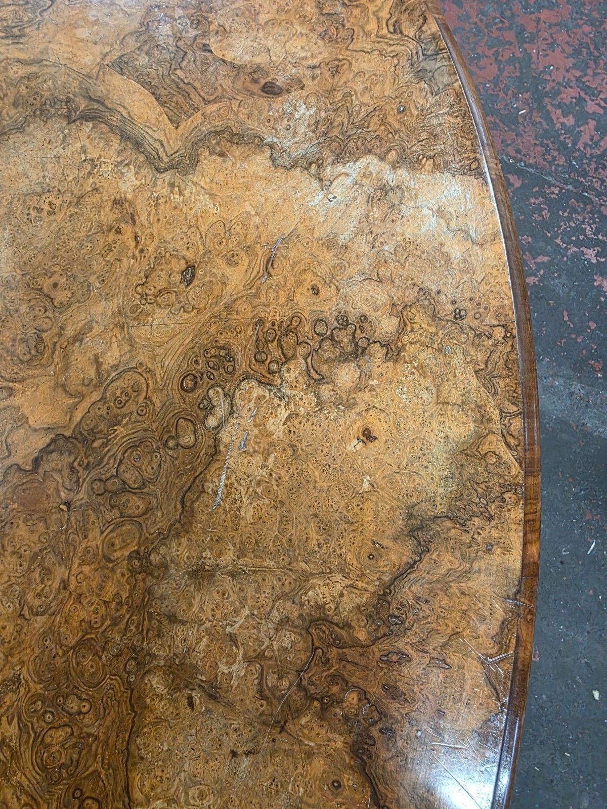 photo for sale Victorian Burr Walnut Topped Coffee Table In A Modern Cast Iron Tripod Base