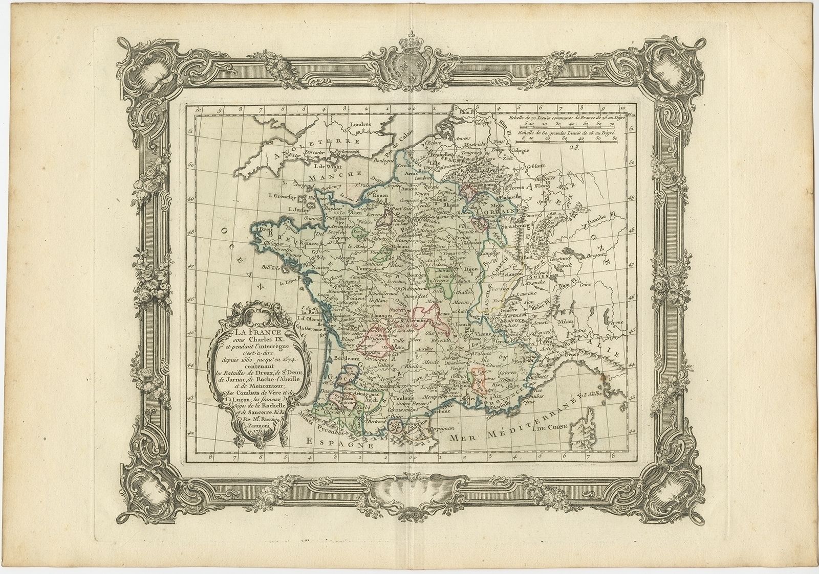 Antique Map Of France Under The Reign Of Charles Ix By Zannoni (1765)