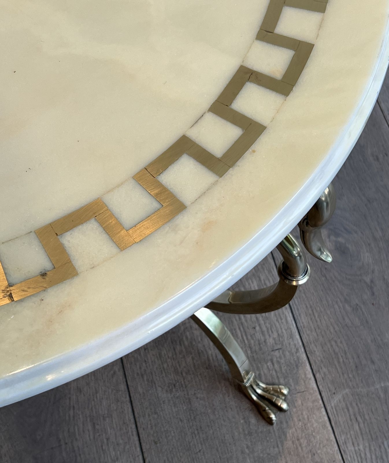 Neoclassical Style Round Brass Coffee Table With Swan Necks And Legs And Brass Inlaid Marble Top From Maison Jansen photo buy