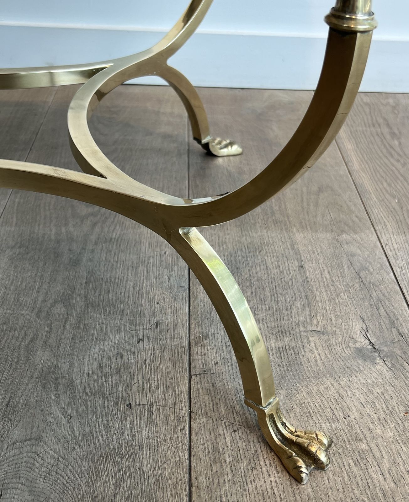 photo for sale Neoclassical Style Round Brass Coffee Table With Swan Necks And Legs And Brass Inlaid Marble Top From Maison Jansen