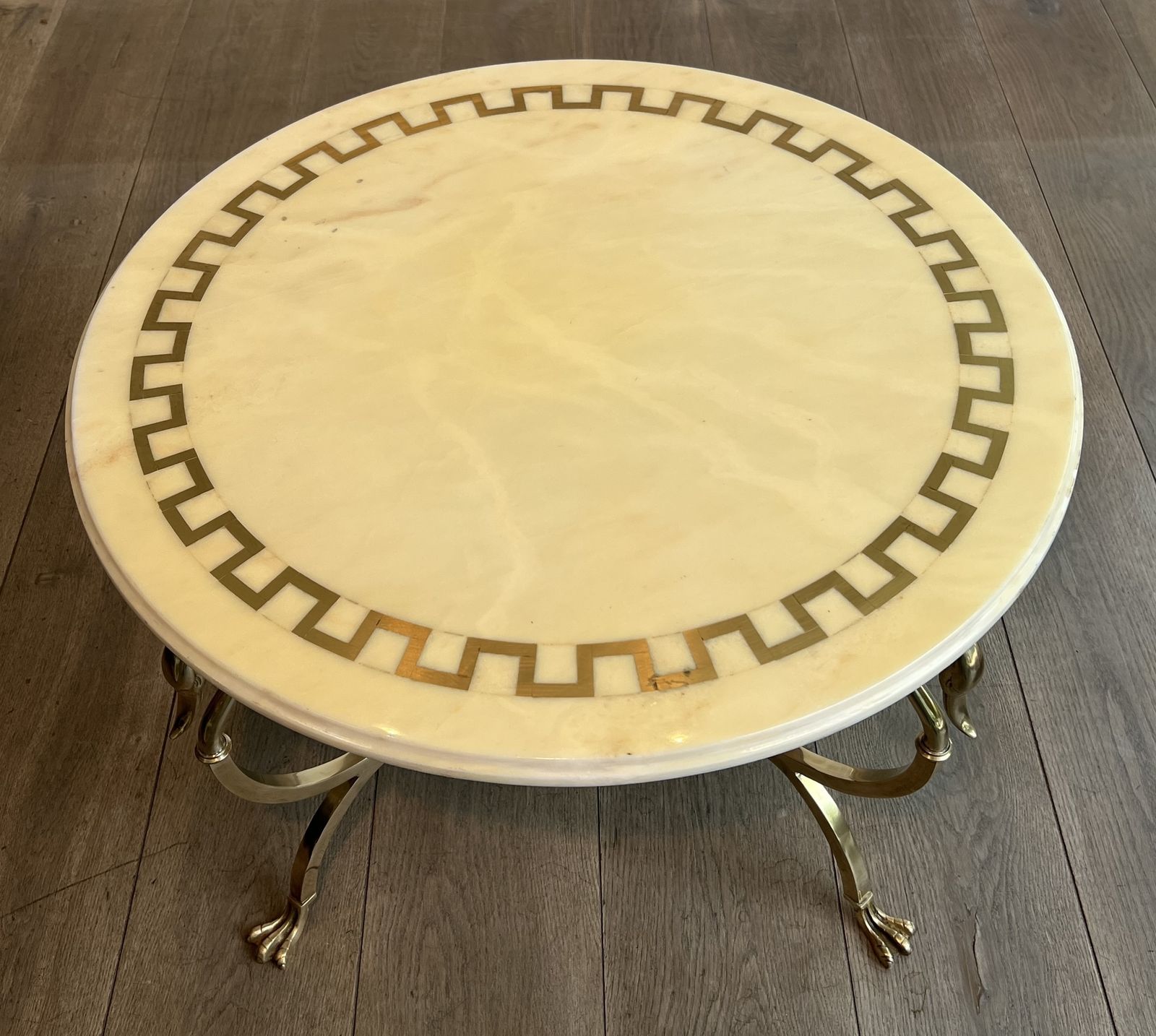 photo buy Neoclassical Style Round Brass Coffee Table With Swan Necks And Legs And Brass Inlaid Marble Top From Maison Jansen