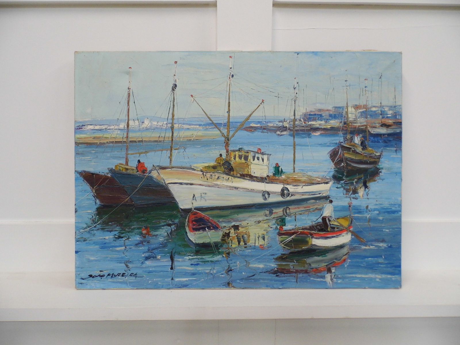 Vintage Oil Painting On Canvas Of Fishing Boats In Harbour Signed Art Work photo Art