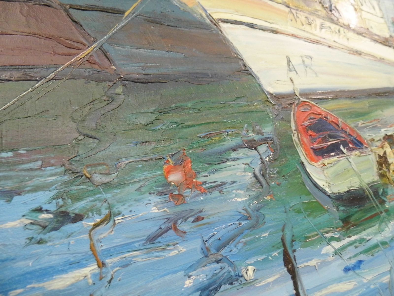 Vintage Oil Painting On Canvas Of Fishing Boats In Harbour Signed Art Work photo vinterior