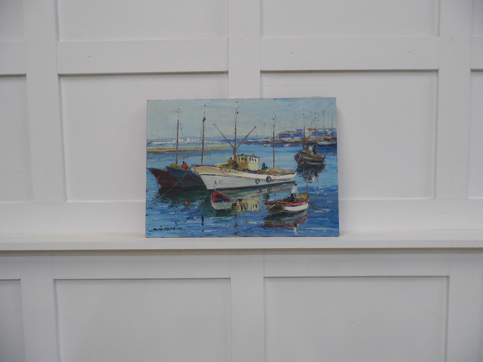 Vintage Oil Painting On Canvas Of Fishing Boats In Harbour Signed Art Work photo buy