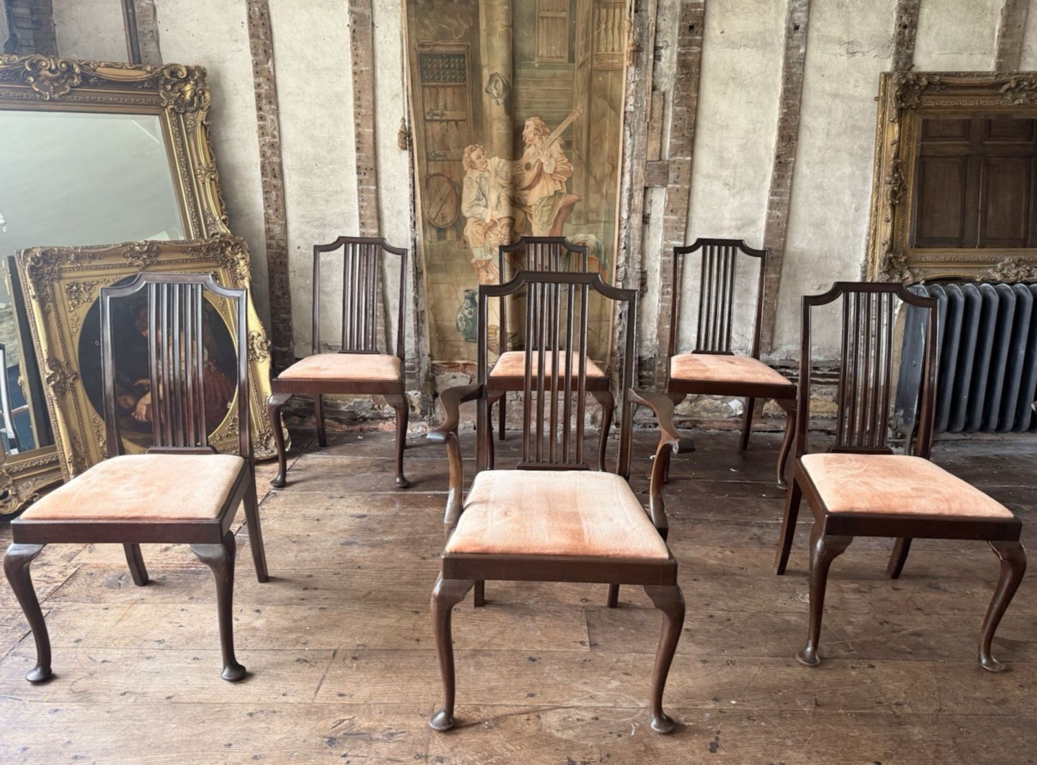 High Quality Antique Dining Pink Velvet Drop In Seats Chairs Waring And Gillow photo furniture