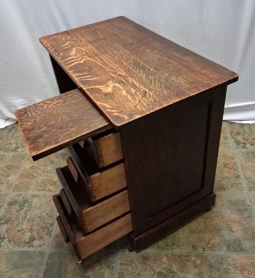 Furniture Antique Oak Childs Writing Desk With Knee Hole On Casters Lots Of Patina photo