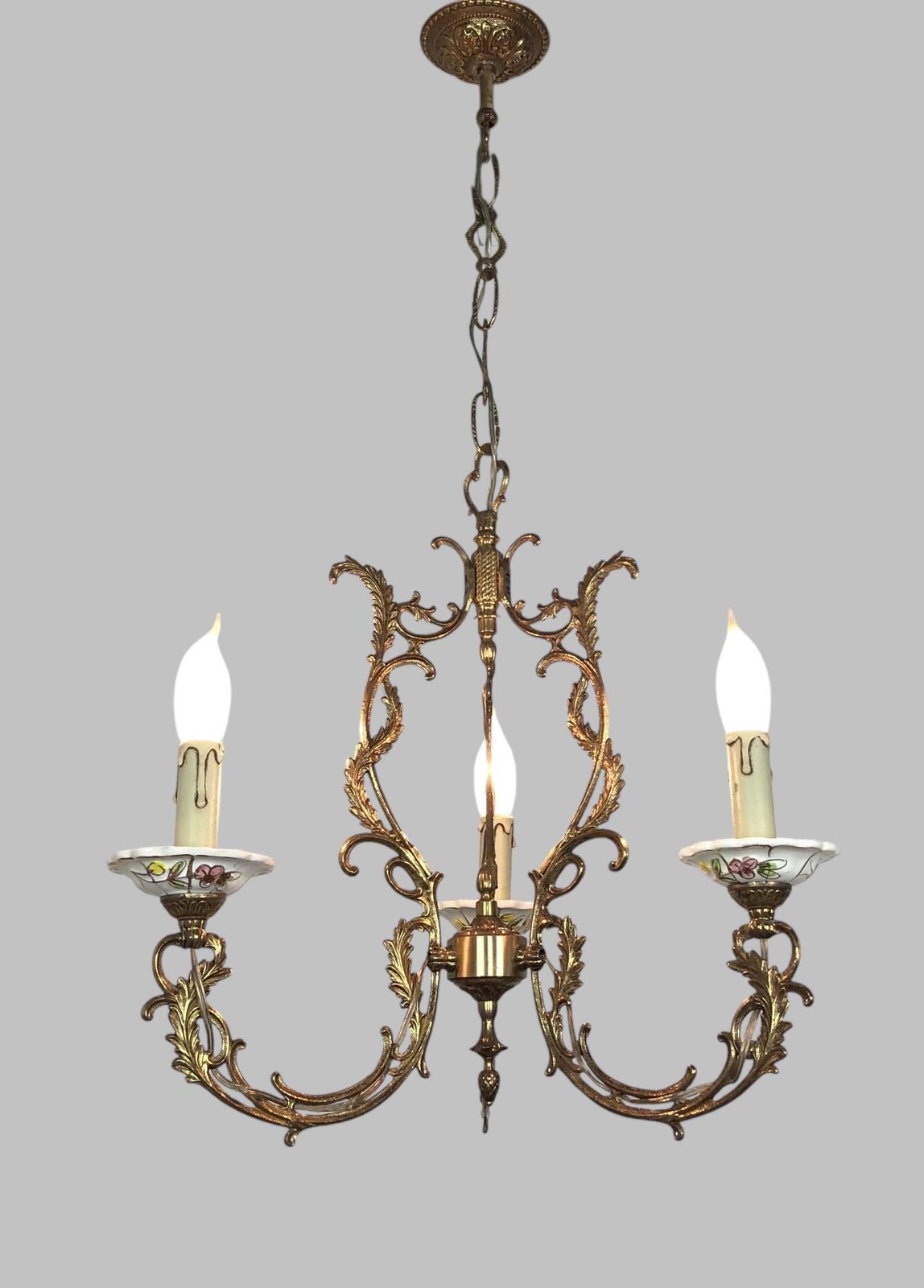 Gilt Bronze & Porcelain Chandelier With Matching Wall Lights photo Lighting