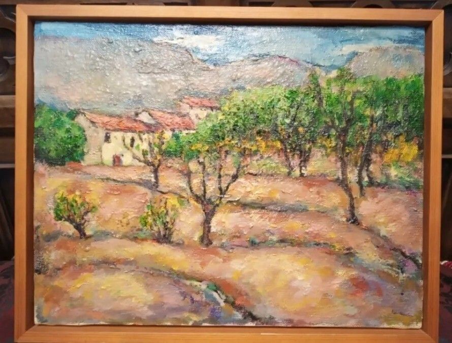 Original 20th Century Impressionist Landscape Oil Painting – Tranquil Countryside Scene photo furniture