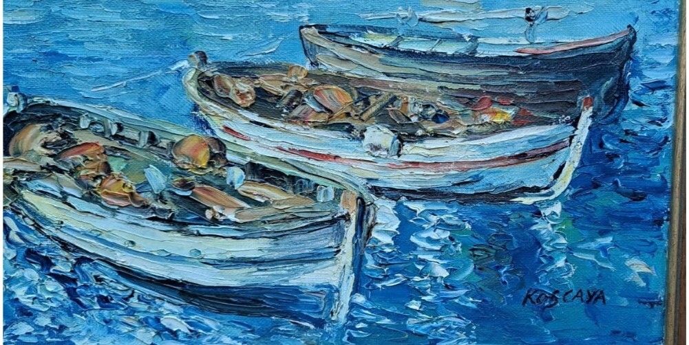 Fine 20th Century Impressionist Oil Painting – Seascape With Boats photo for sale