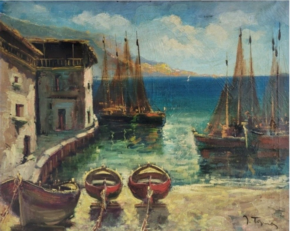 Oil Painting Seascape Boats Impressionist 20th Century