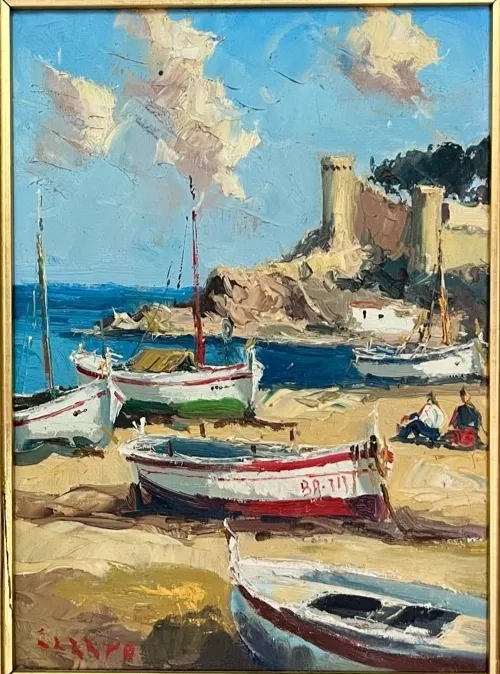 Antique Oil Painting Seascape Impressionist Boats 20th Century