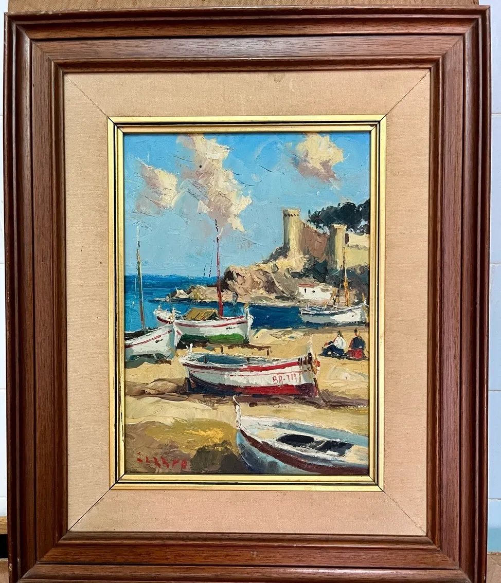 Antique Oil Painting Seascape Impressionist Boats 20th Century photo furniture