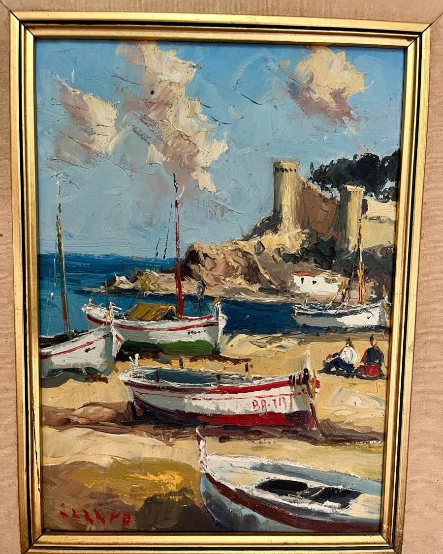 Antique Oil Painting Seascape Impressionist Boats 20th Century photo Art
