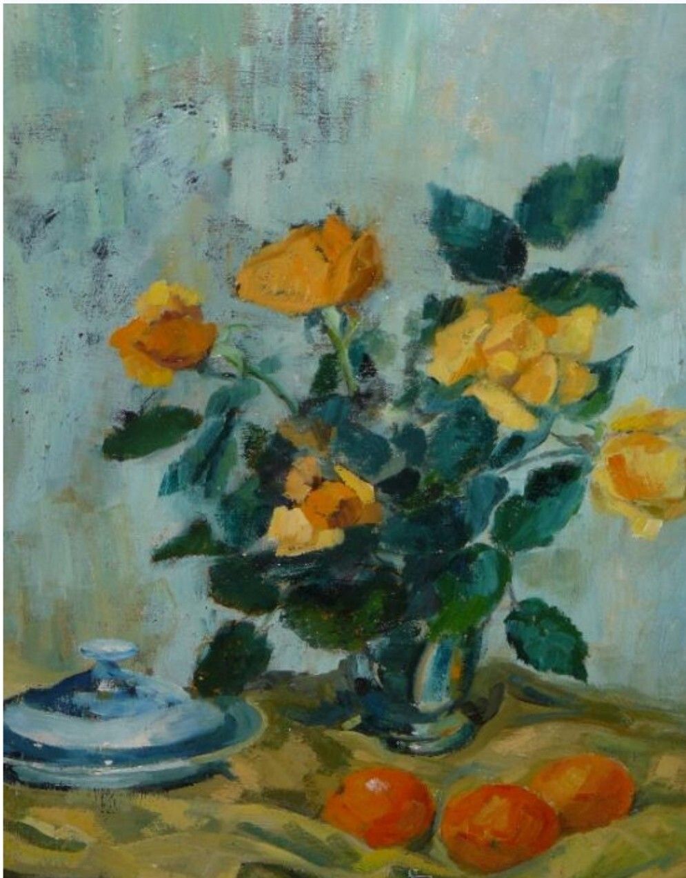 Antique Impressionist Still Life Oil Painting Bouquet Of Flowers And Fruits photo furniture
