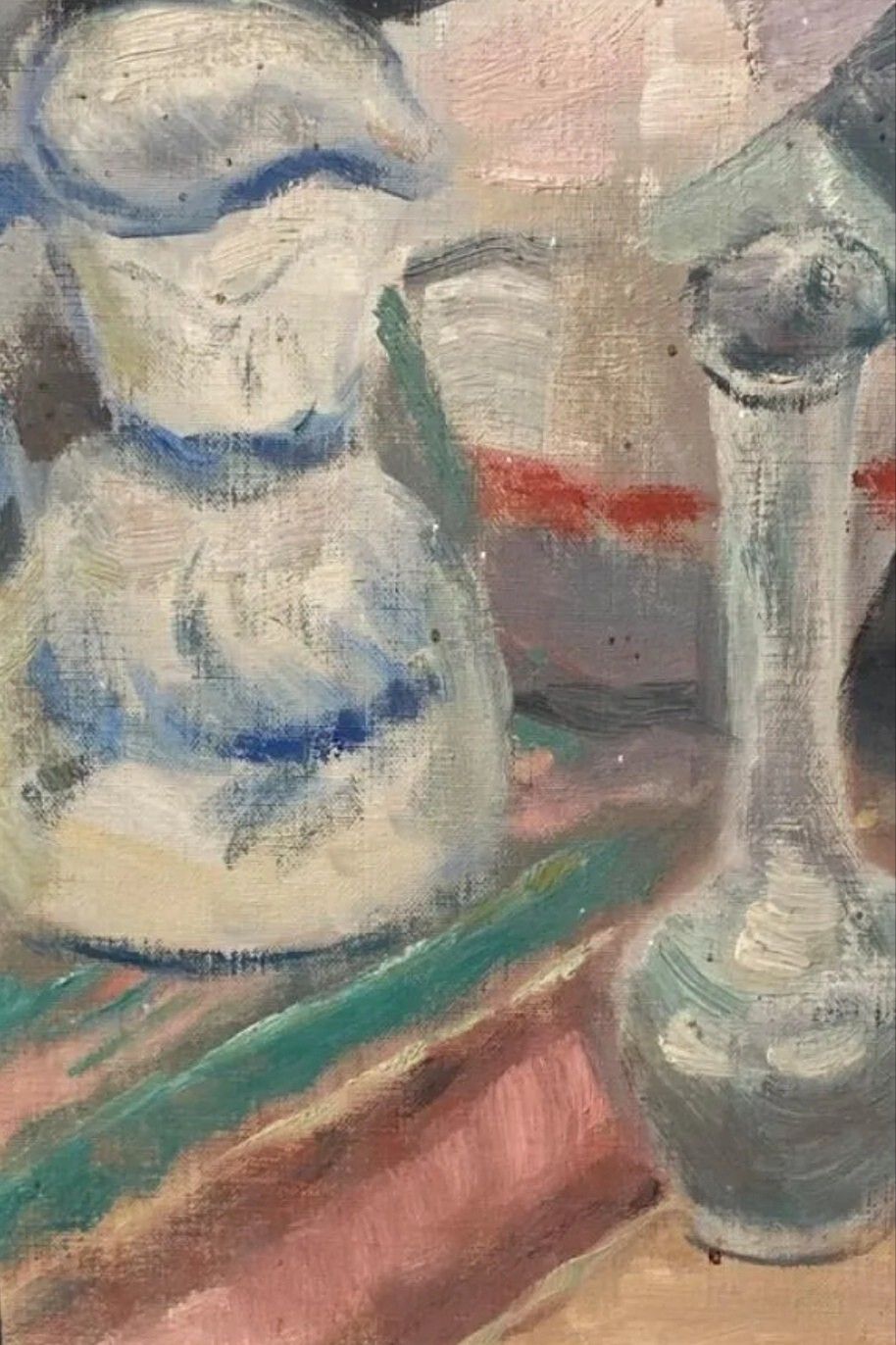Antique Impressionist Still Life Oil Painting Cups 20th Century photo furniture
