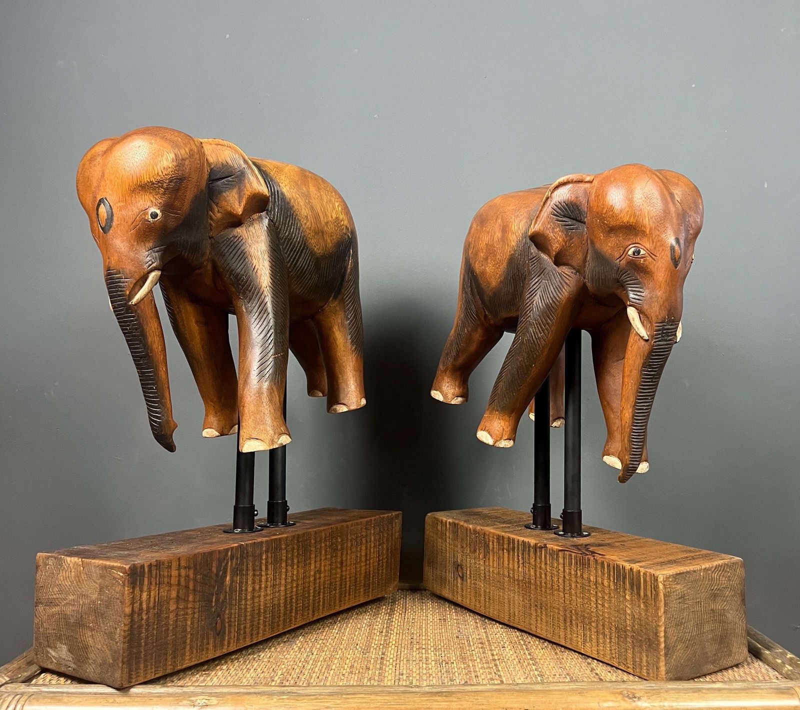 Pair Large Antique Early 20th Century Rosewood Asian Elephants On Stylish Stands