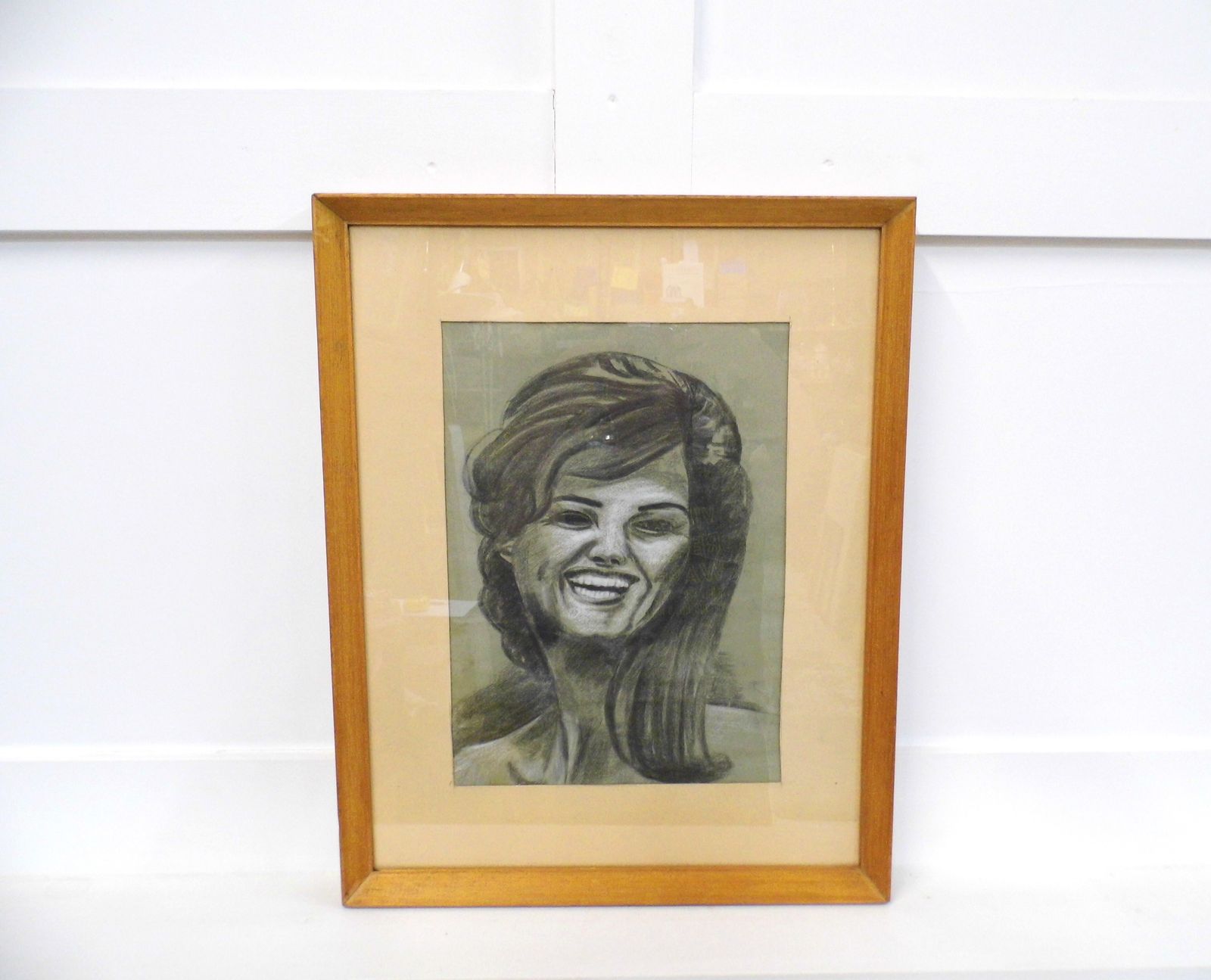 Vintage 1970s Pastel Art Picture Artwork Glazed Framed Picture Woman
