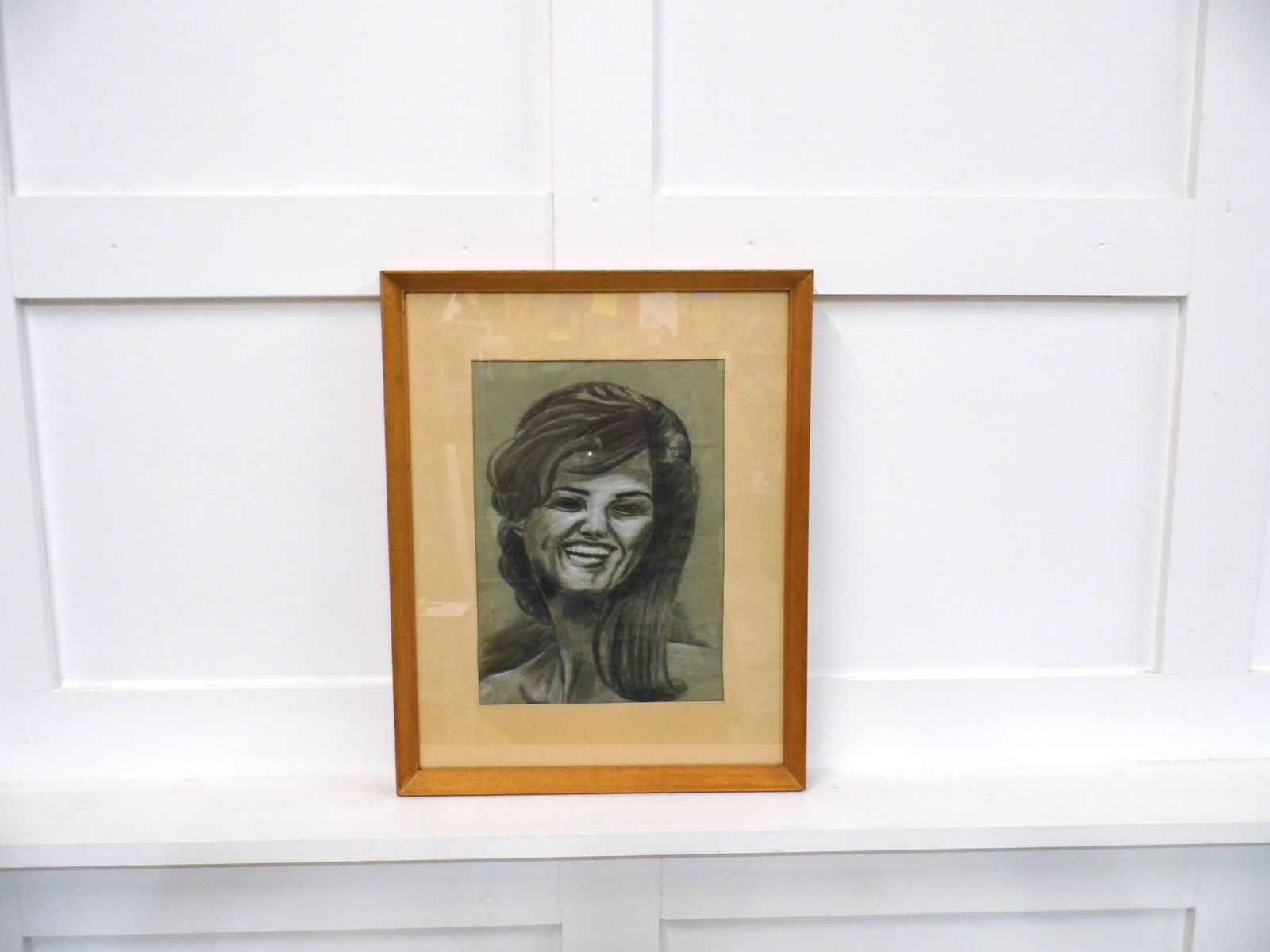 Vintage 1970s Pastel Art Picture Artwork Glazed Framed Picture Woman photo for sale