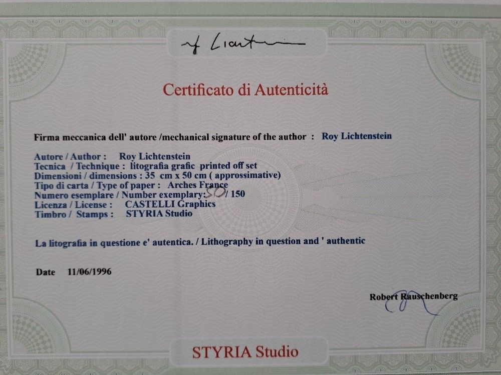 Roy Lichtenstein Signed Sweet Dreams Baby! Certificate photo Art