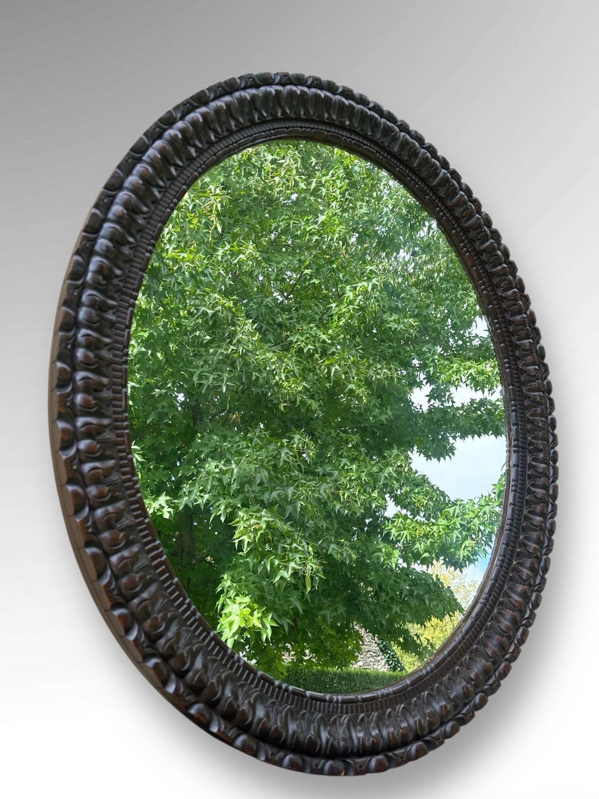 Antique French Large Carved Oval Wooden Mirror